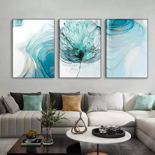 Modern Abstract Botanical Floral Blue Golden Jade Marble Prints Wall Art Fine Art Canvas Prints Pictures For Living Room Bedroom Art Decor | Bowlift