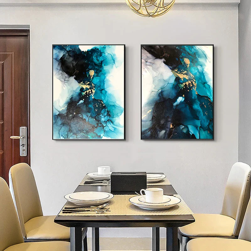 Modern Abstract Deep Blue Aqua Marble Print Wall Art Fine Art Canvas Prints Posters Pictures For Living Room Dining Room Art Decor | Bowlift
