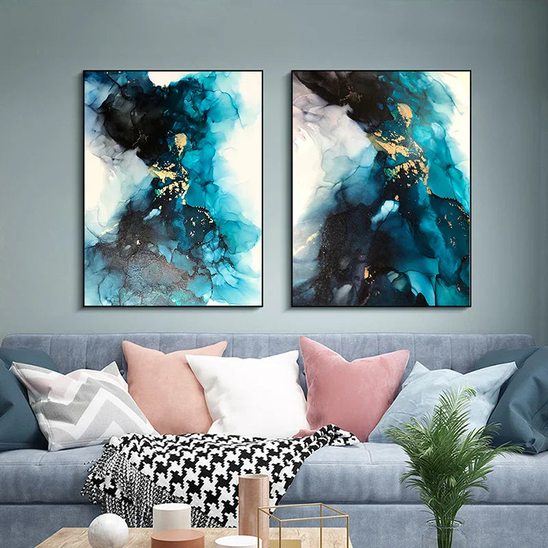 Modern Abstract Deep Blue Aqua Marble Print Wall Art Fine Art Canvas Prints Posters Pictures For Living Room Dining Room Art Decor | Bowlift