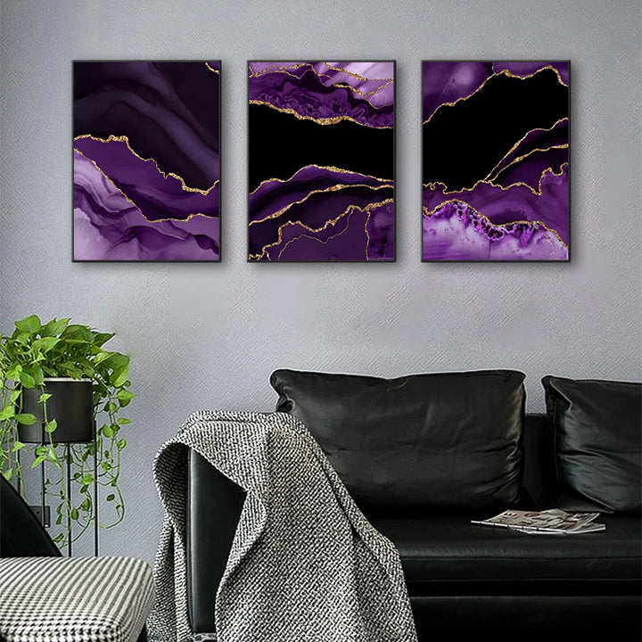 Modern Abstract Liquid Purple Black Marble Print Wall Art Fine Art Canvas Prints Pictures For Living Room Dining Room Home Office Art Decor | Bowlift