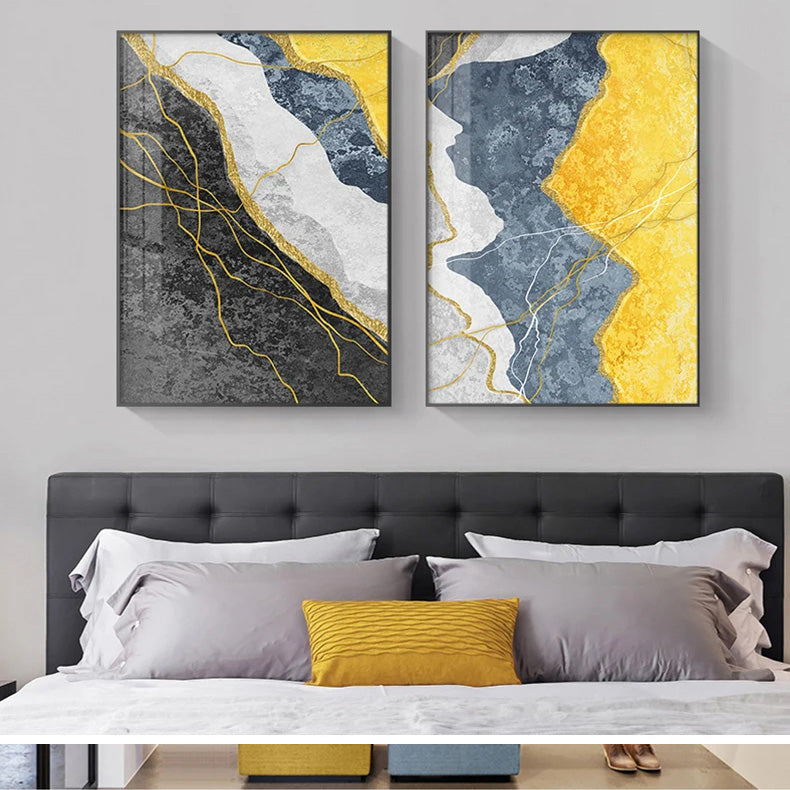 Modern Abstract Shades Of Grey Blue Yellow Wall Art Fine Art Canvas Prints Pictures For Modern Apartment Living Room Light Luxury Home Decor | Bowlift