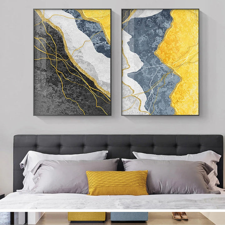Modern Abstract Shades Of Grey Blue Yellow Wall Art Fine Art Canvas Prints Pictures For Modern Apartment Living Room Light Luxury Home Decor | Bowlift