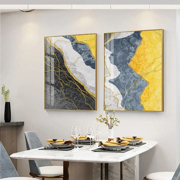 Modern Abstract Shades Of Grey Blue Yellow Wall Art Fine Art Canvas Prints Pictures For Modern Apartment Living Room Light Luxury Home Decor | Bowlift
