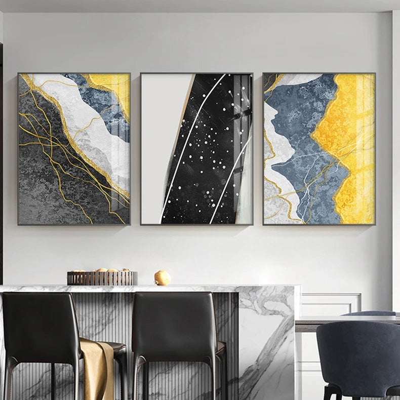 Modern Abstract Shades Of Grey Blue Yellow Wall Art Fine Art Canvas Prints Pictures For Modern Apartment Living Room Light Luxury Home Decor | Bowlift