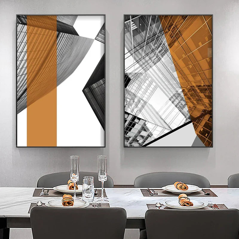Modern Geometric Architectural Wall Art Fine Art Canvas Prints Black Gray Orange Abstract Pictures For Living Room Studio Home Office Art Decor | Bowlift