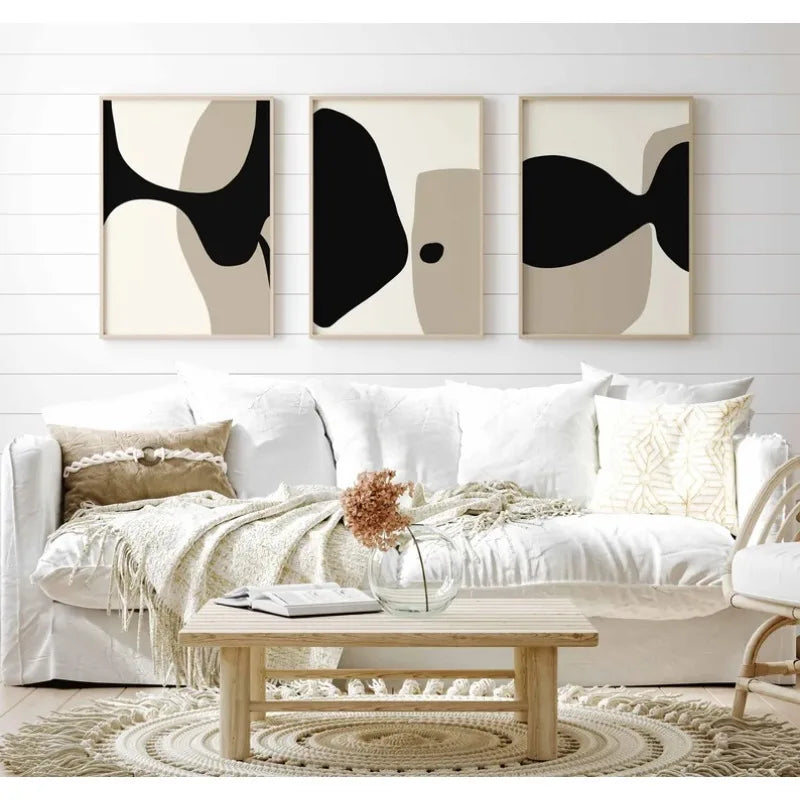 Modern Black Beige Shapely Abstract Wall Art Fine Art Canvas Prints Pictures For Living Room Bedroom Art For Contemporary Interiors | Bowlift