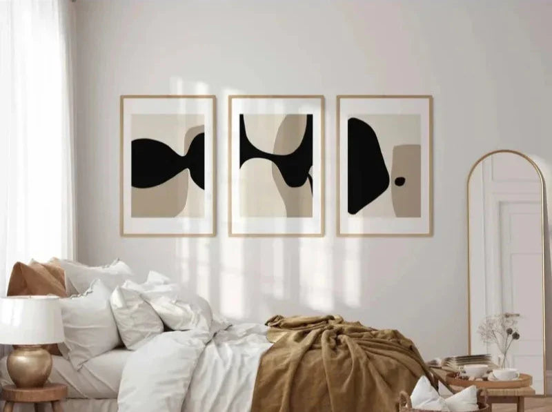 Modern Black Beige Shapely Abstract Wall Art Fine Art Canvas Prints Pictures For Living Room Bedroom Art For Contemporary Interiors | Bowlift