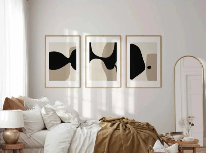 Modern Black Beige Shapely Abstract Wall Art Fine Art Canvas Prints Pictures For Living Room Bedroom Art For Contemporary Interiors | Bowlift
