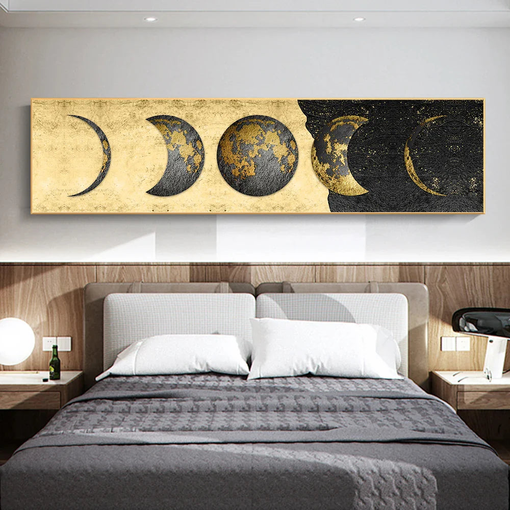 Modern Rustic Golden Moon Phases Wall Art Fine Art Canvas Prints Wide Format Pictures For Above The Bed Wide Pictures For Above The Sofa | Bowlift
