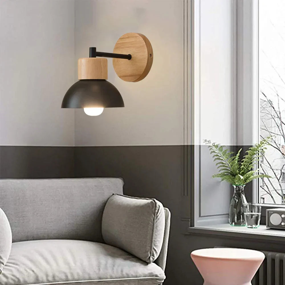 Modern wall lamp made of wood and metal for living room or bedroom - Scandinavian design | Bowlift