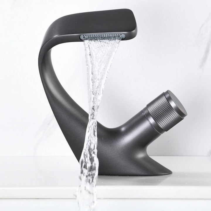 BowLift | AQUACASCADE Basin Tap – Modern Waterfall Bathroom Mixer Tap in Solid Brass
