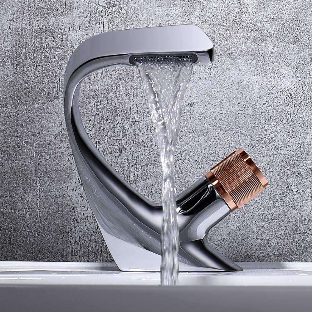 BowLift | AQUACASCADE Basin Tap – Modern Waterfall Bathroom Mixer Tap in Solid Brass