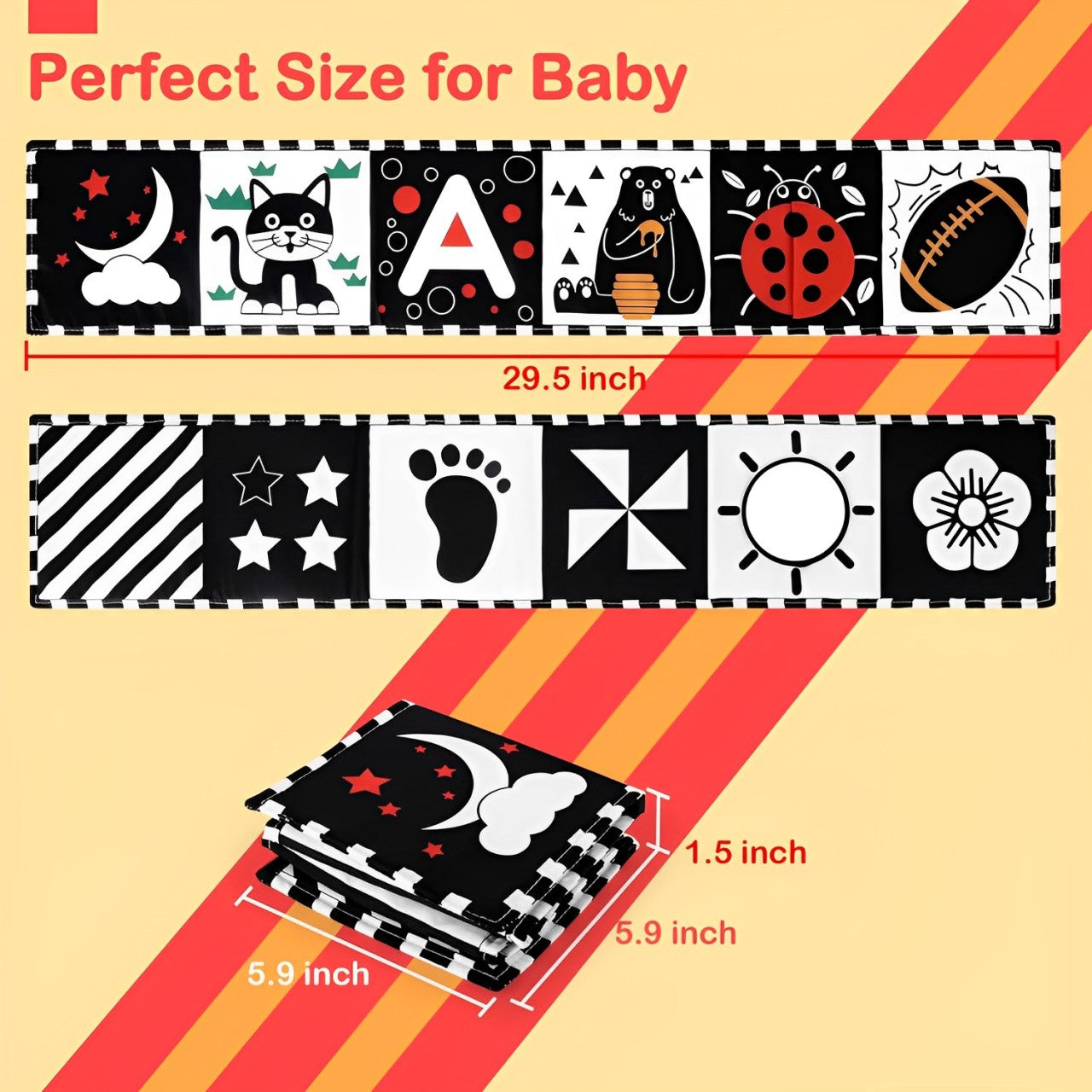 BowLift | SensoryTales | Montessori Baby Sensory Book made of Soft Polyester - High Contrast Patterns and Baby Safe Mirror