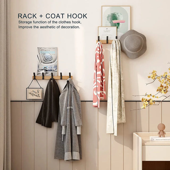 BowLift | Wall coat rack with double hooks made of Nordic rubber wood and aluminum