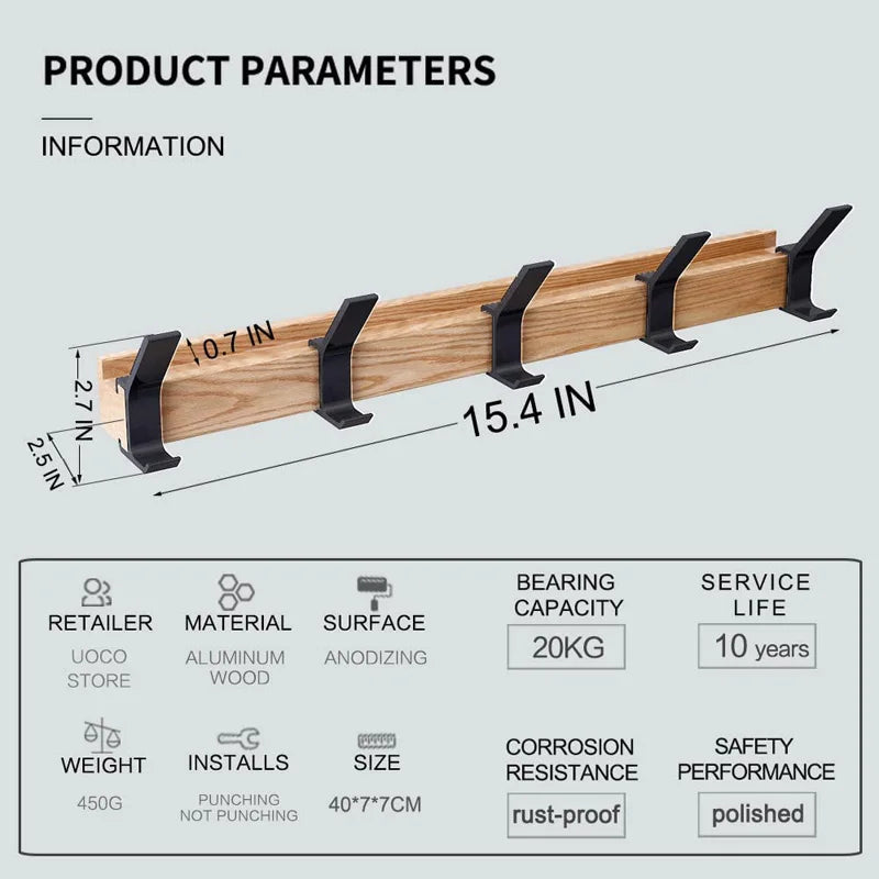 BowLift | Wall coat rack with double hooks made of Nordic rubber wood and aluminum