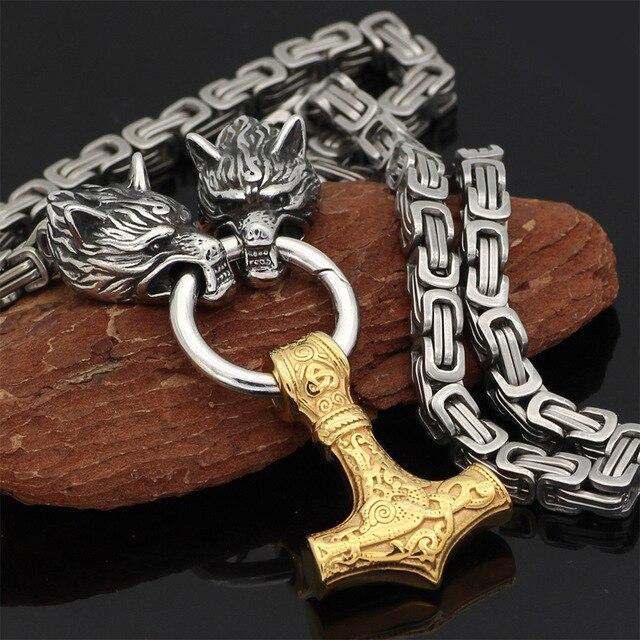 BowLift | Stainless steel necklace with double wolf head and Mjolnir pendant – Adjustable length 60-90 cm