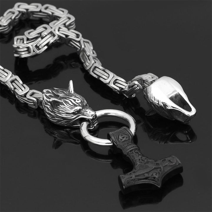 BowLift | Stainless steel necklace with double wolf head and Mjolnir pendant – Adjustable length 60-90 cm