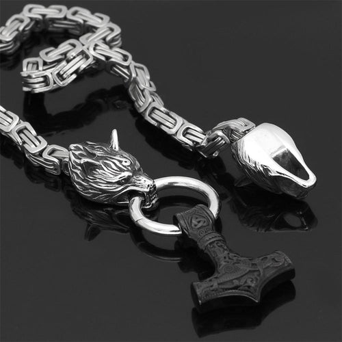 BowLift | Stainless steel necklace with double wolf head and Mjolnir pendant – Adjustable length 60-90 cm