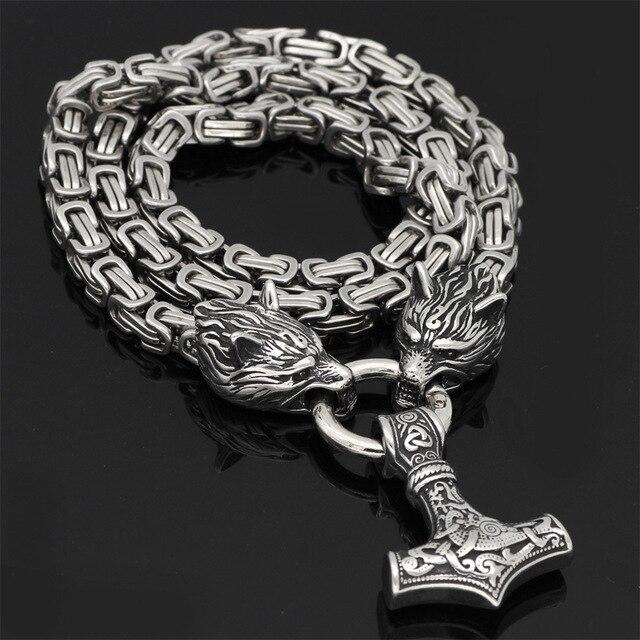BowLift | Stainless steel necklace with double wolf head and Mjolnir pendant – Adjustable length 60-90 cm