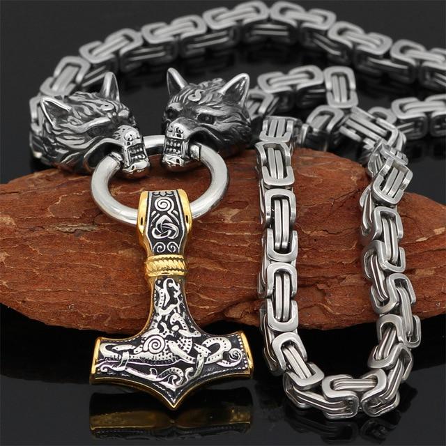 BowLift | Stainless steel necklace with double wolf head and Mjolnir pendant – Adjustable length 60-90 cm
