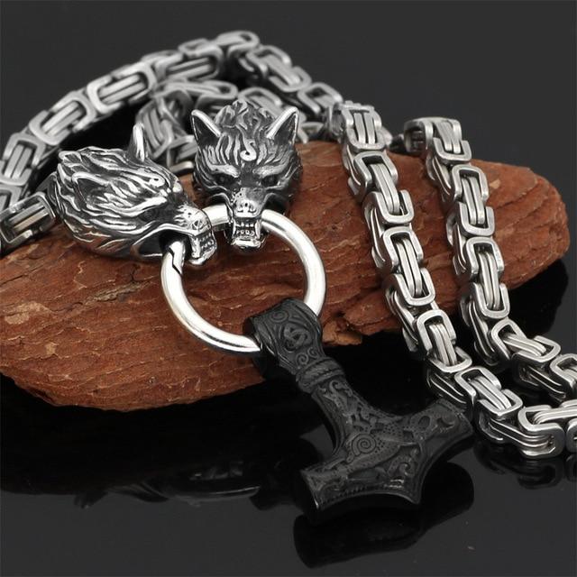 BowLift | Stainless steel necklace with double wolf head and Mjolnir pendant – Adjustable length 60-90 cm
