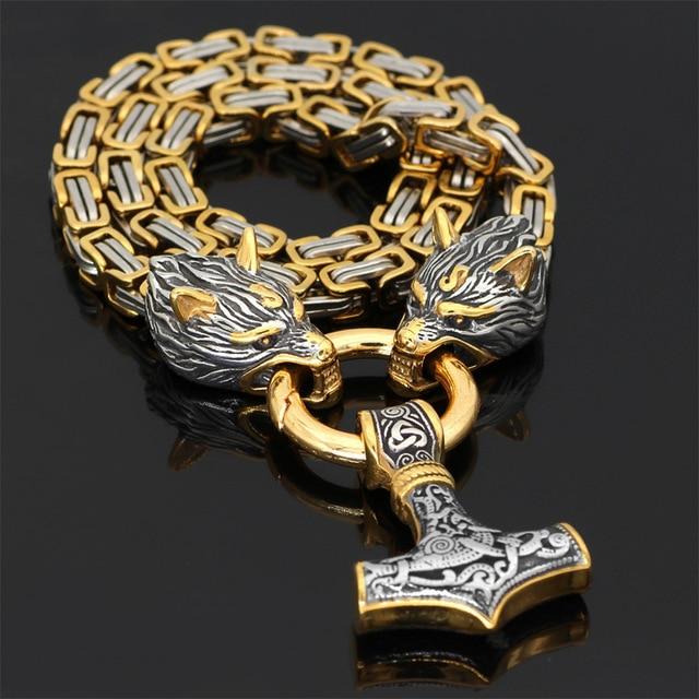 BowLift | Stainless steel necklace with double wolf head and Mjolnir pendant – Adjustable length 60-90 cm