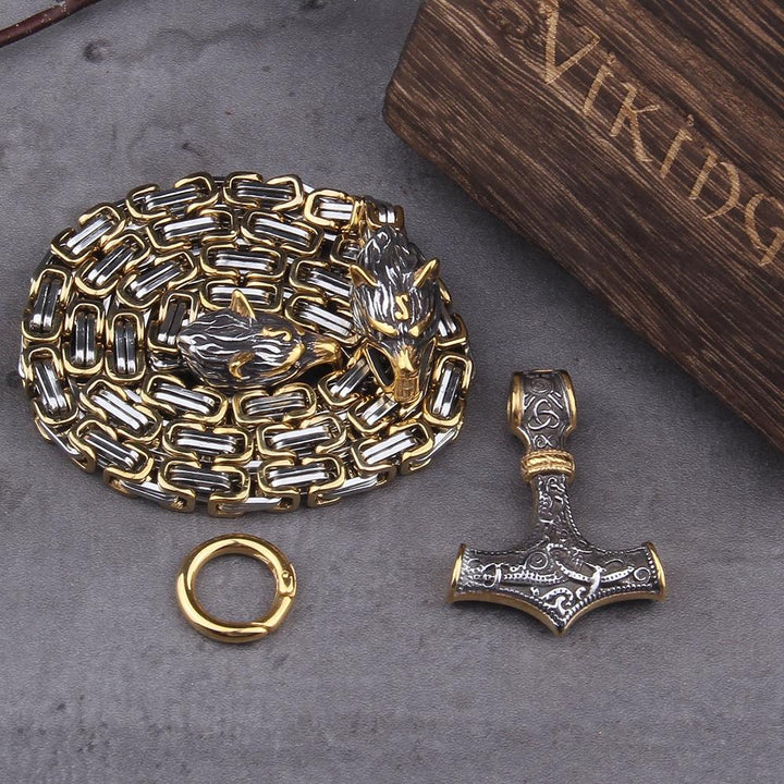 BowLift | Stainless steel necklace with double wolf head and Mjolnir pendant – Adjustable length 60-90 cm
