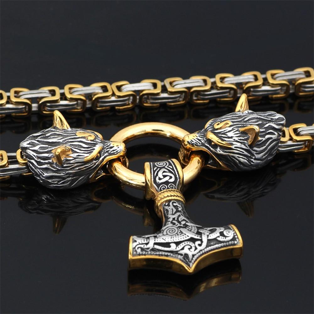 BowLift | Stainless steel necklace with double wolf head and Mjolnir pendant – Adjustable length 60-90 cm