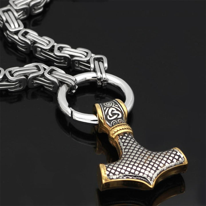 BowLift | Stainless steel necklace with double wolf head and Mjolnir pendant – Adjustable length 60-90 cm