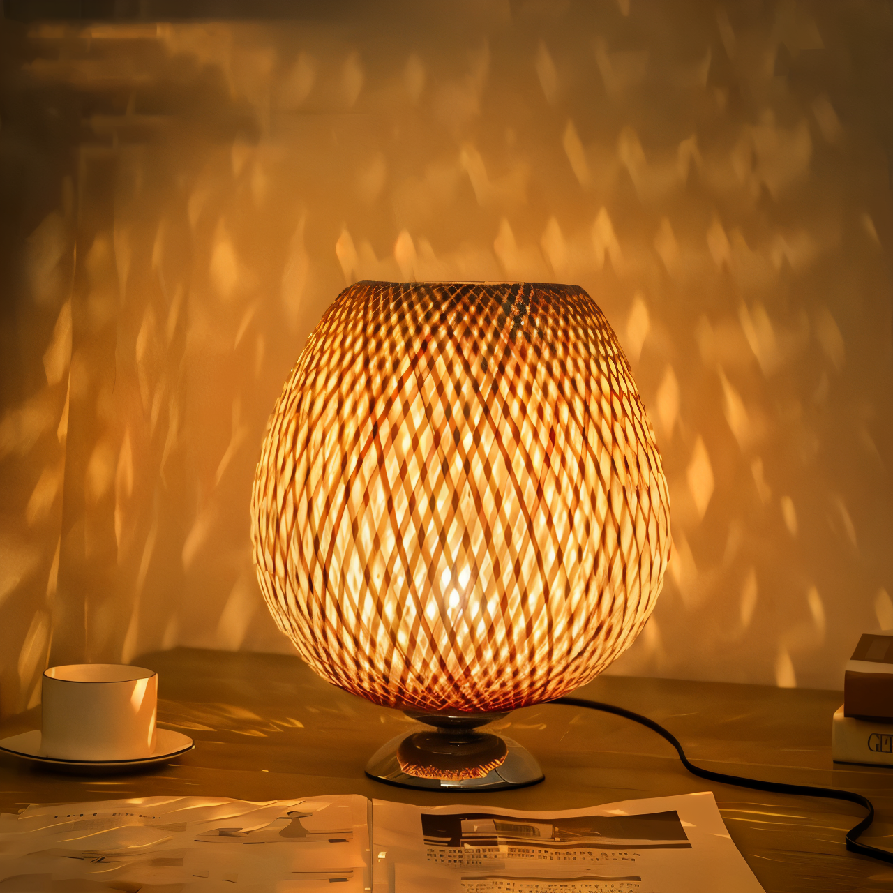 BowLift | NatureHue – Vintage Bamboo Table Lamp – Creative Woven Rattan Desk Light