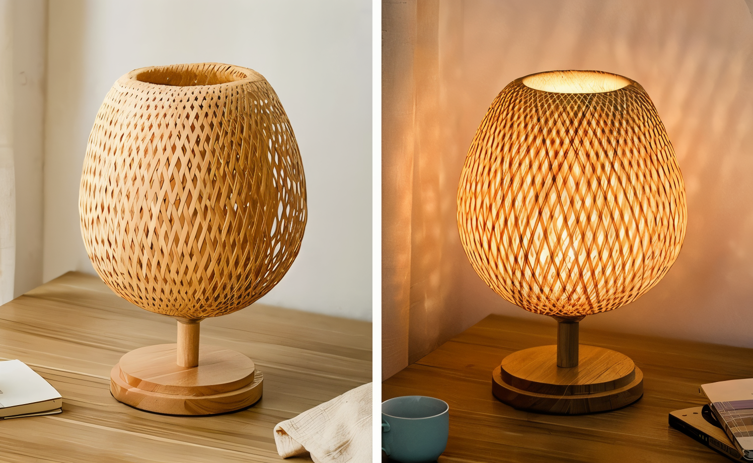 BowLift | NatureHue – Vintage Bamboo Table Lamp – Creative Woven Rattan Desk Light