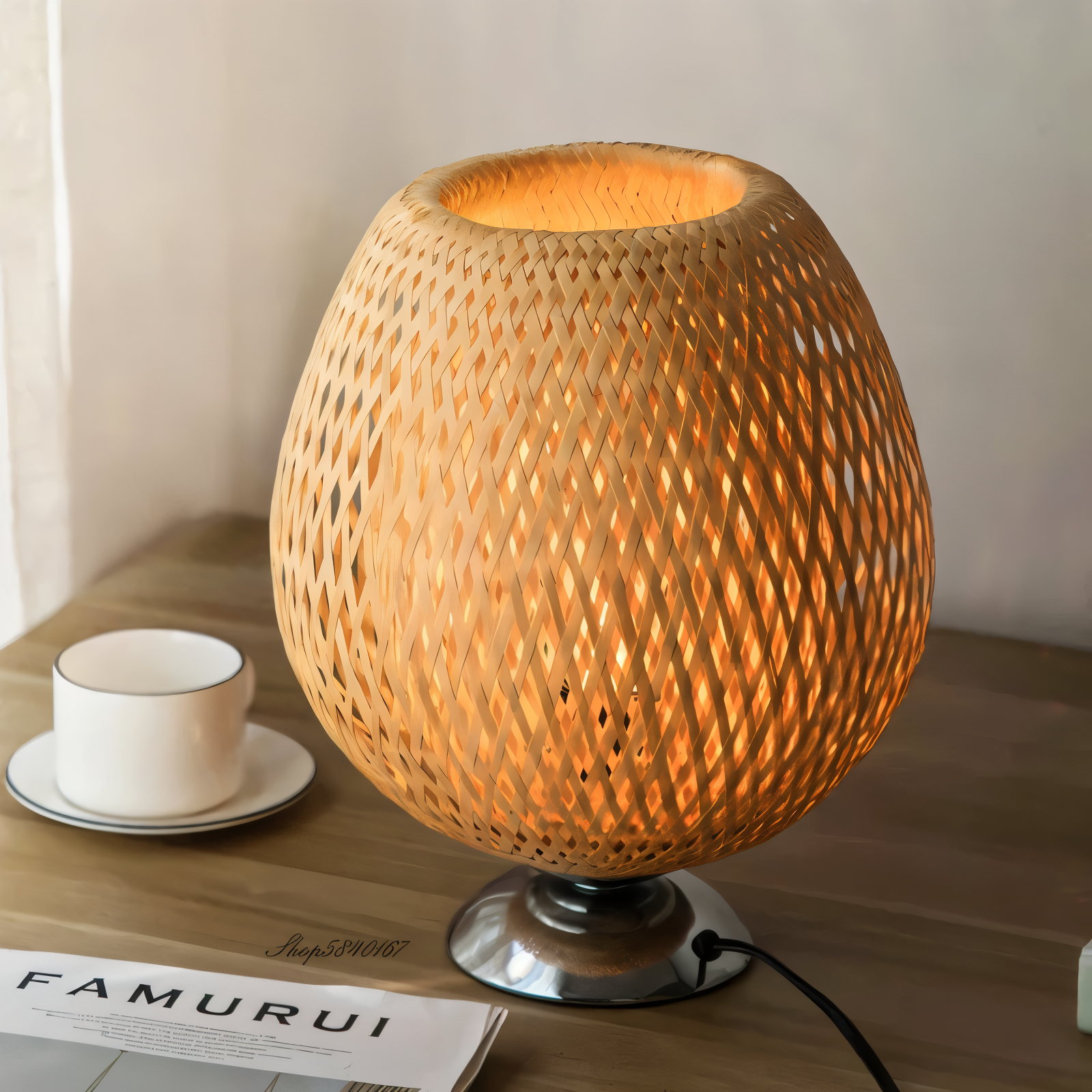 BowLift | NatureHue – Vintage Bamboo Table Lamp – Creative Woven Rattan Desk Light