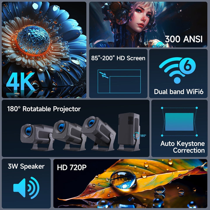 BowLift | CineBeam 4K Mini Projector – Portable Home Cinema with 180° Rotation