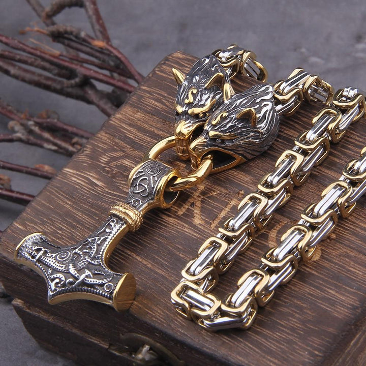 BowLift | 60–90 cm Stainless Steel Double Wolf Head & Mjolnir Survival Spirit Necklace/Bracelet