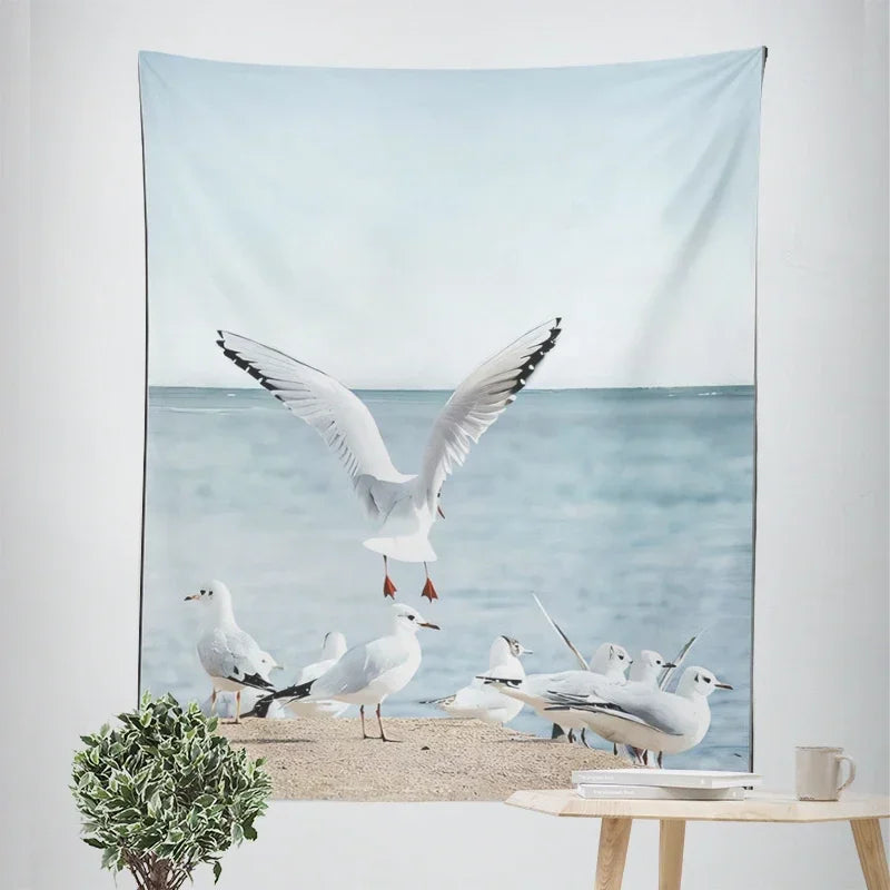 Nordic Hanging Tapestry Wall Decoration 100% Polyester Printed Seascapes Sun Sea & Sandy Beach Blue Sky Tapestries Pictures Of Calm For Living Room | Bowlift
