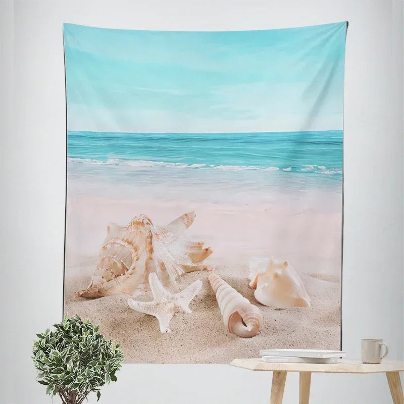 Nordic Hanging Tapestry Wall Decoration 100% Polyester Printed Seascapes Sun Sea & Sandy Beach Blue Sky Tapestries Pictures Of Calm For Living Room | Bowlift