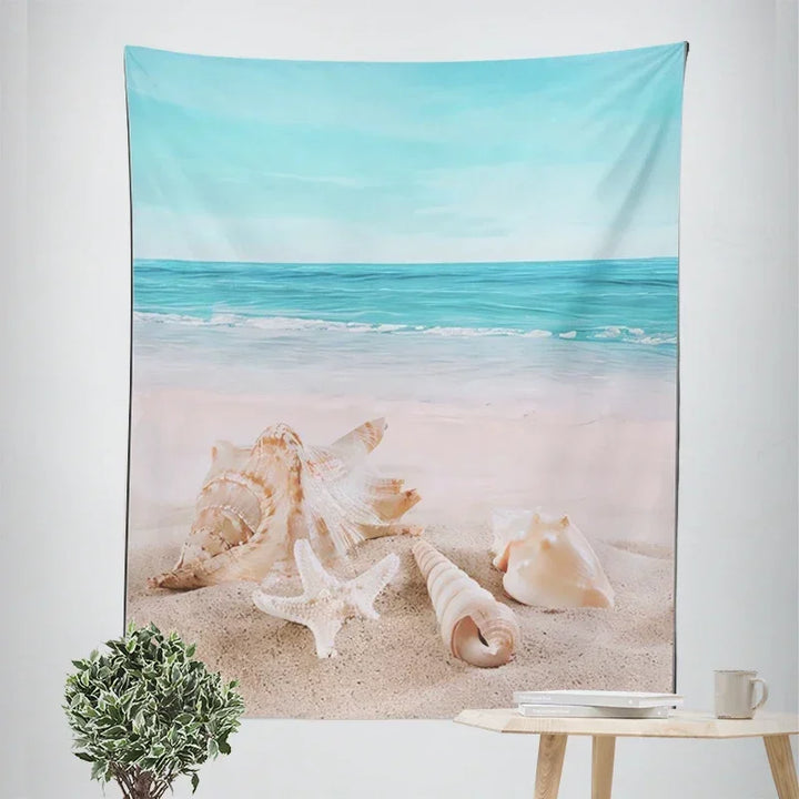 Nordic Hanging Tapestry Wall Decoration 100% Polyester Printed Seascapes Sun Sea & Sandy Beach Blue Sky Tapestries Pictures Of Calm For Living Room | Bowlift