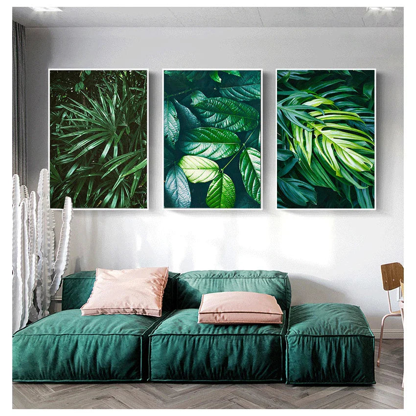 Nordic Tropical Green Leaf Nature Posters Wall Art Fine Art Canvas Prints Ambient Pictures Of Calm For Living Room Dining Room Home Office Decor | Bowlift