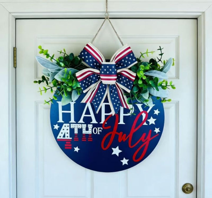 Unisex nan Patriotic Round Wooden Door Sign with Bow and Faux Greenery Bowlift