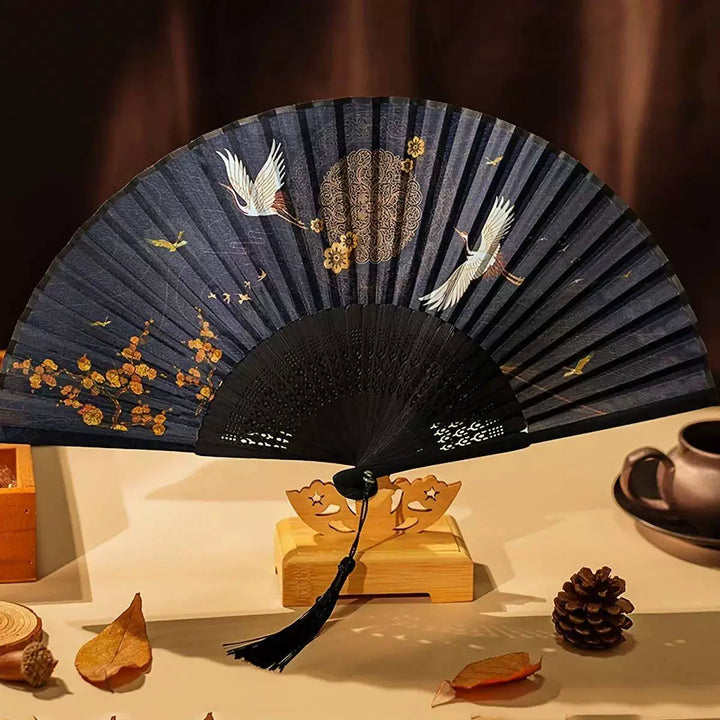 Women One Size hand-painted crane and plum blossom fan with carved wood ribs and silk tassel Bowlift