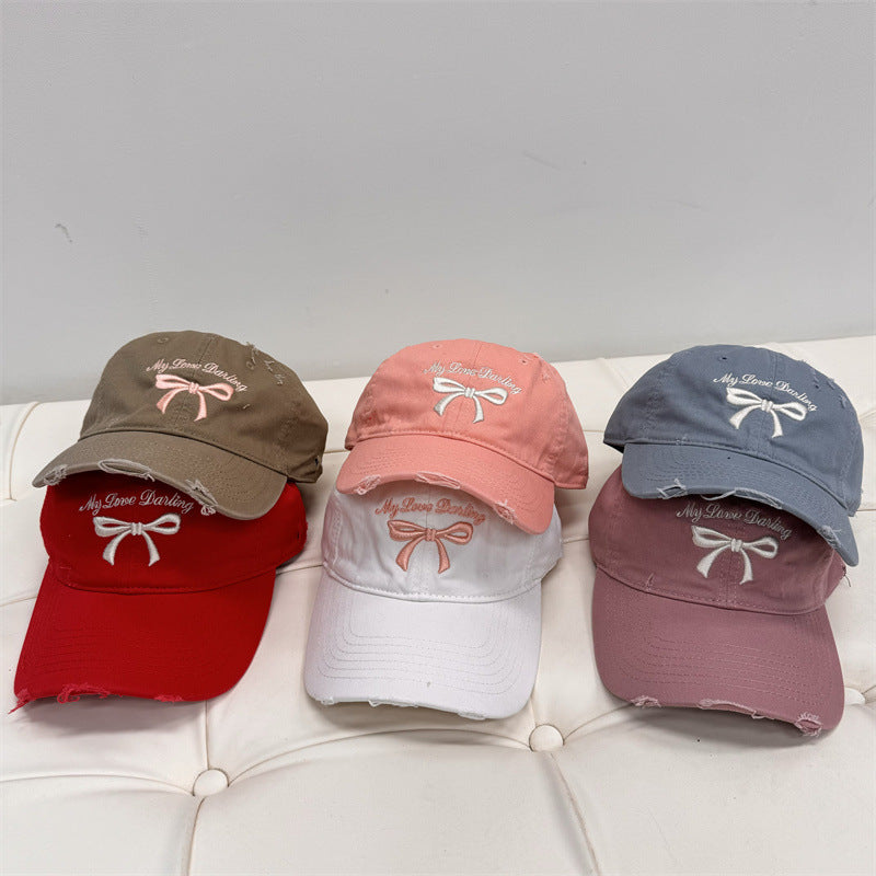 Women's Distressed Cotton Baseball Cap with Bow Embroidery Bowlift
