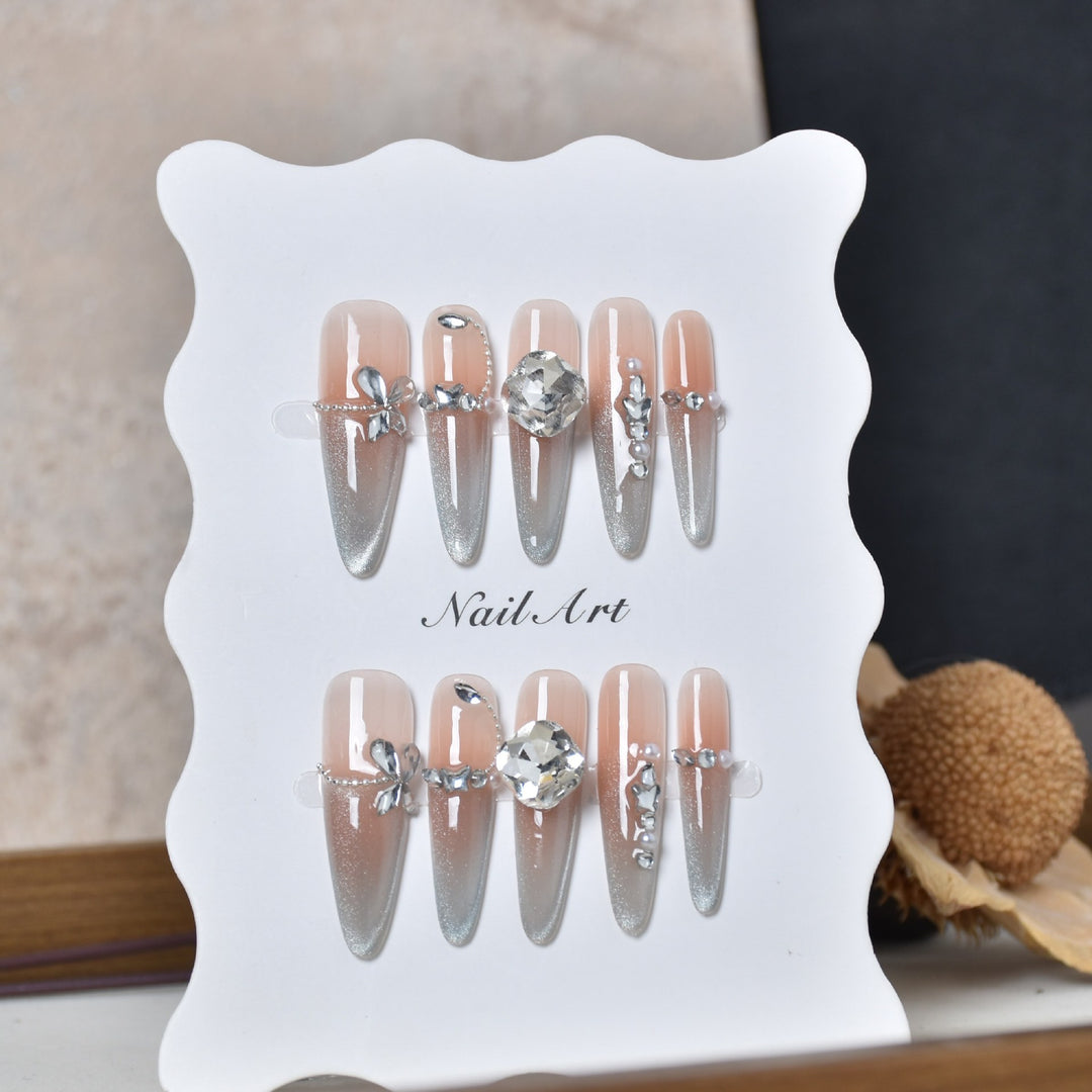 Decorative Crystal-Embellished Long Stiletto Press-On Nails Bowlift