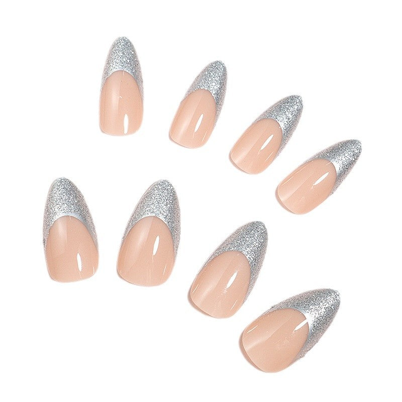 Elegant Glossy Almond-Shaped Press-On Nails with Silver Glitter Tips Bowlift
