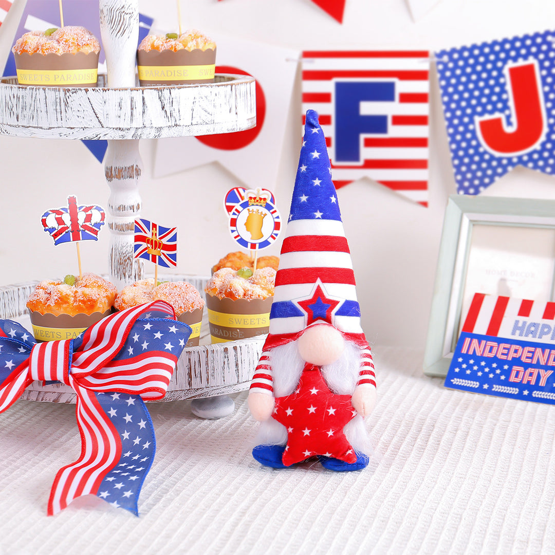 Unisex nan Patriotic Americana Decorative Gnome Plush Set with Star-Spangled Hats Bowlift