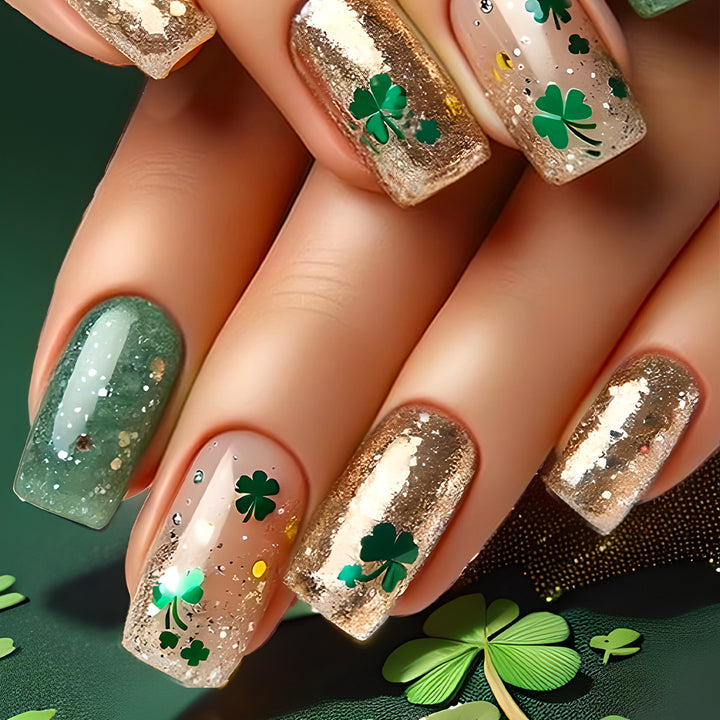 Festive Decorative Press-On Nails with Shamrock Design Bowlift