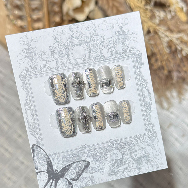 Metallic Press-On Nail Set with Decorative Silver Accents Bowlift