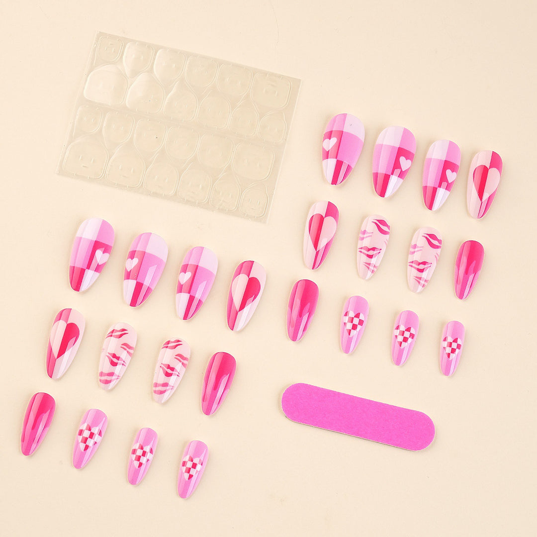 Artistic Press-On Nail Set with Heart and Flame Design Bowlift
