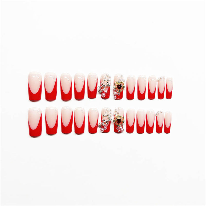 Decorative French Tip Press-On Nails with Pearl Accents Bowlift