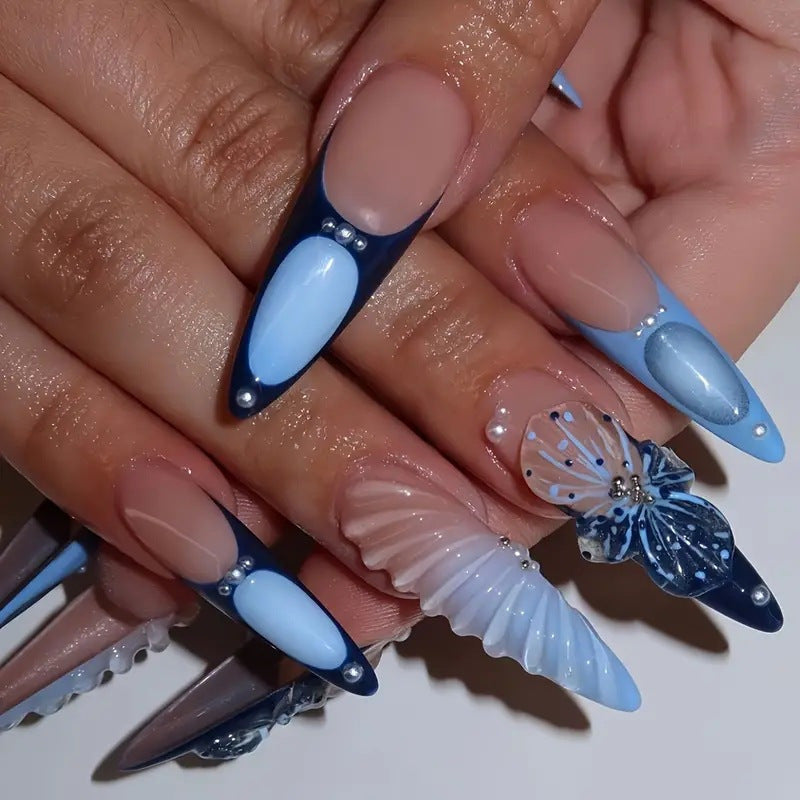 Decorative Stiletto Press-On Nail Art with Floral Accents Bowlift