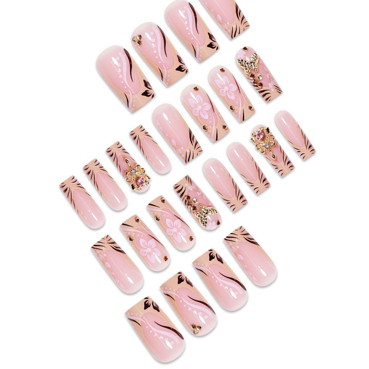 Artistic Press-On Nails with Floral and Gemstone Accents Bowlift
